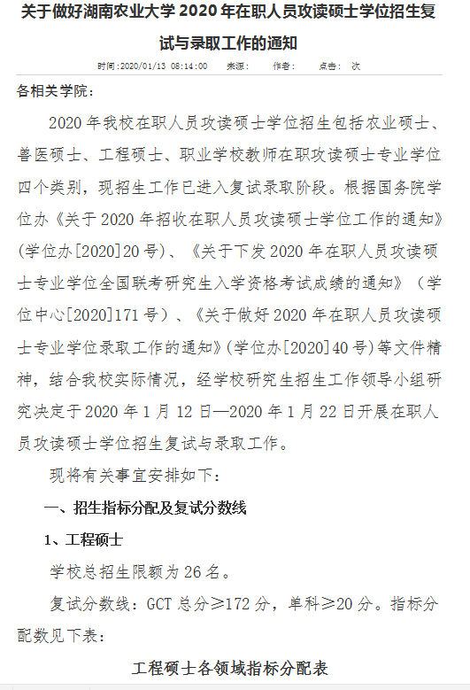 湖南农业大学经济学院2020年硕士研究生复试工作方案